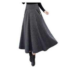 Skirts Woollen Women Vintage Elegant Office Wear Midi Pleated Skirt Fashion High Waist Female Plaid Autumn Winter