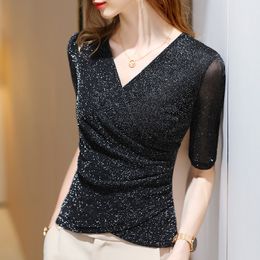 Women's Clothing Latest Fashion Blouses Elegant Summer T Shirt Free Shiping Elastic Glitter or Tops for Woman 230301