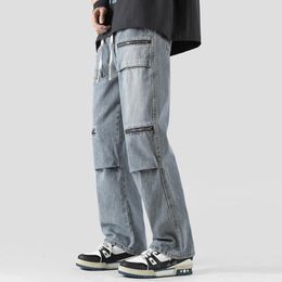 Men s Jeans 2023 Multi Zipper Pockets Youth Casual Loose Spring Korean Style Solid Color Long Pants 230228