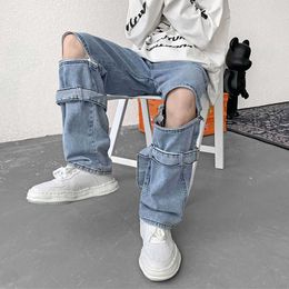 Men's Jeans Detachable Baggy Jeans Men Straight Wide Pants Fashion High Street Hip Hop Blue Denim Trousers Oversize Bottoms Male Y2K Clothes Z0301