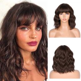 Women's wig short curly hair brown straight bangs chemical Fibre wig water ripple mechanism hood wigs 230301