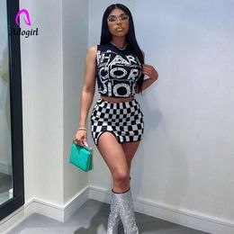 Two Piece Dress Checkerboard Printed Women 2 Piece Set Sleeveless Tank Top Bodycon Skirts Matching Set Summer Y2K Night Club Party Outfits 230228