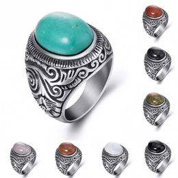 Cluster Rings Men's Women's Natural Oval Turquoises Black Onyx Stainless Steel Ring Wholesale Jewelry Plus Size 8-15 G230228