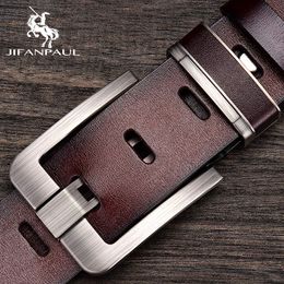 Belts New Leather Cowhide Men's Belt Fashion Metal Alloy Pin Buckle Adult Luxury Brand Jeans Business Casual Waist Male Strap Brand Z0228