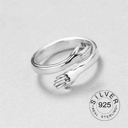 Cluster Rings Good-looking Resizable 925 Sterling Silver Unisex Ring Trendy Fine Jewellery Loop Hands Hug Shaped Gold Plated Rings Gift Kofo G230228