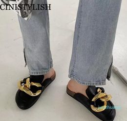 Design New Brand Gold Chain Women Slipper Closed Toe Slip On Mules Shoes Round Ladies Low Heels Casual Slides Flip Flop 2021248n 01