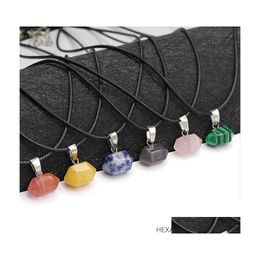 car dvr Pendant Necklaces Hexagonal Stone Crystal Quartz Opal Long Teardrop Necklace Leather Chains For Men Women Fashion Jewelry Drop Deliv Dhaor