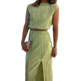 new summer Women two piece pants Pleated half-high neck cropped shirt and High-waisted slit long skirt sne0159 Casual fashion dresses sets 2 pieces clothing