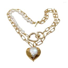 Chains KKGEM 28x30mm Heart-Shaped Pearl Pendant Natural 2 Rows Cultured White Baroque Statement Chain Necklace
