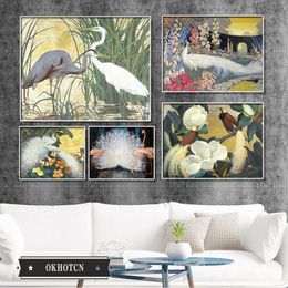 Printed Bird Canvas Painting for The Wall Art White Peacock Parrot Crane Poster Modular Pictures Vintage Home Decoration Woo