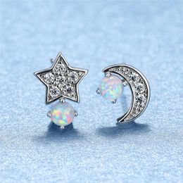 Stud Earrings Cute Female White Fire Opal Dainty Silver Colour For Women Korean Small Star Moon Wedding EarringsStud