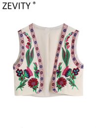 Zevity Women Vintage Position Floral Embroidery Short Vest Jacket Ladies National Style Patchwork Casual WaistCoat Tops CT1395 230301