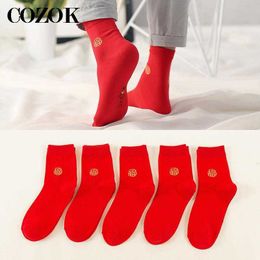 Men's Socks 5 Pairs Red Couple Socks Men Women New Year Chinese Characters Cotton Socks Festival Meaning Happiness Lucky Couple Socks Meias Z0227