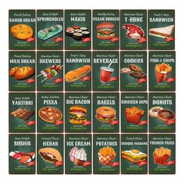 Fast Food art painting Desserts Shop Poster Hamburger Bread Metal Tin Sign Iron Painting Decor For Restaurant Plate Personalised Plaques Art Sign Size 30X20CM w02