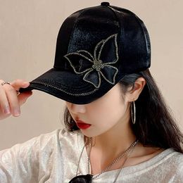 Ball Caps Shiny Rhinestone Butterfly Baseball Cap Women Spring Summer Silk Satin Snapback Hat Fashion Outdoor Visor Beach Sun HatsJ230228