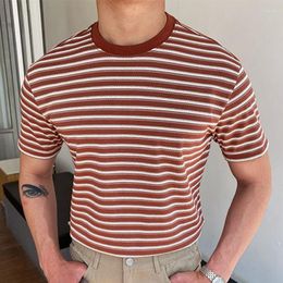 Men's T Shirts Knitting T-shirts Men Spring Summer Short Sleeve O Neck Slim Knit Tees Fashion Striped Skinny Pullover Mens Clothes