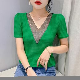 Women's T Shirts 2023 Summer Women's Tops Fashion Sexy V-Neck Drill Short-Sleeved T-shirt Solid Color Slim Bottoming Shirt