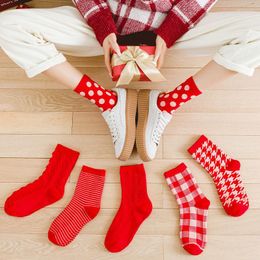 Women Socks 10 Pieces 5 Pairs Year's Red Kawaii Cute Tube Striped Polka Dot Pattern Wedding Big Gifts