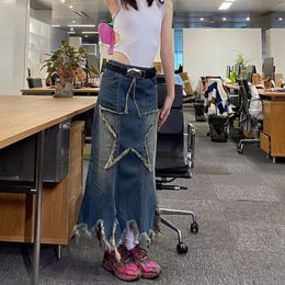Y2k Women Korean Fashion Kawaii Harajuku Star Knee Length Midi Long Skirt Gothic Grunge Jeans Denim Maxi Skirts Emo Clothes 230301