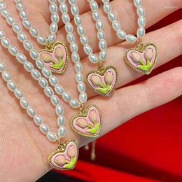 Chains Pearl Tulip Pendant Necklace Vintage Pink Heart Chain Chokers For Women Trendy Fashion Necklaces Jewellery