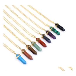 car dvr Pendant Necklaces Gold Hexagonal Pointed Reiki Natural Stones Turquoise Pink Quartz Pillar Charms Necklace For Women Men Gift Access Dh8Ra