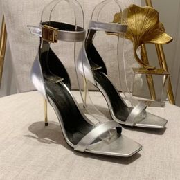 Bottoni in metallo gioielli cinturino alla caviglia sandali tacco alto stiletto scarpe da donna con tacco alto scarpe da sera da festa open toe pelle di vitello specchio designer di lusso facto10.5cm