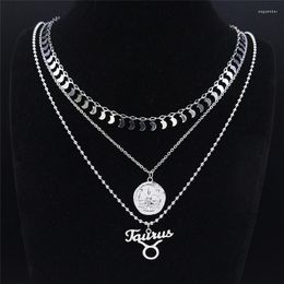 Pendant Necklaces 3pcs Stainless Steel Taurus Charm Necklace For Women Silver Color 12 Constellations Layer Jewelry Colgante NXS04