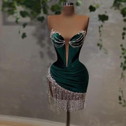 Party Dresses Sexy Elegant Short Strapless Sleeveless Crystals Tassel African Women Mini Evening Cocktail Gowns Plus Size