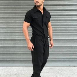 Men's Tracksuits Summer Men Casual Solid Long Playsuit Fashion Short Sleeve Turndown Jumpsuit Overalls Spring Mens Retro Romper Streetwear 230228