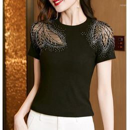 Women's T Shirts 2023 Summer Short Sleeved Women's T-Shirt Fashion Sexy Hollow Out Diamond Lace Tops M-3XL Black Female Blusas