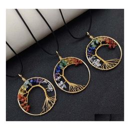 car dvr Pendant Necklaces 50Mm Healing Natural Stone Wire Wrap Tree Of Life Seven Chakra Necklace Lapis Lazi Crystal Agate For Women Reiki D Dhmaq