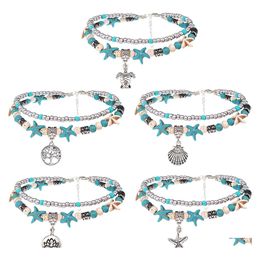 car dvr Anklets Boho Double Conch Starfish Sand Turtle Pendant Foot Chains Turquoise Stone Beads Charm Beach Bracelet Drop Delivery Jewellery Dhq2S