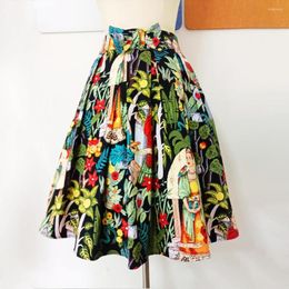 Skirts Design Floral Print Cotton Retro Vintage Skirt SS0012 Jupe High Waist Midi Black Pleated With Pockets