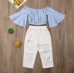 Summer 2PCS Kids Baby Girls Clothes Sets Flare Sleeve Striped Tops T Shirt Frayed Pants Clothes Outfits