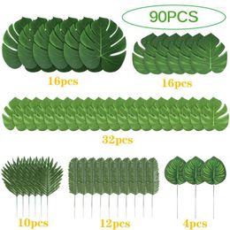 Decorative Flowers 90 Pieces 6 Kinds Artificial Palm Leaves Tropical Decorations For Jungle Party Beach Birthday Luau Hawaiian