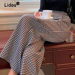 Women's Pants Capris Winter Women Vintage Classic Houndstooth Woollen Cloth Straight Wide Leg Trousers Elegant Office Lady High Waist Loose Suit Pants 230301