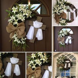 Decorative Flowers Easter Welcome Cross Wreaths Wooden Religious Ornament Garland Floral Rattan Wall Porch Sign For Front Door Indoor