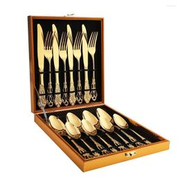 Dinnerware Sets Set Gold Cutlery Stainless Steel Royal Spoon Western Tableware Forks Knives With Wooden Box Gift 16pcs