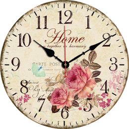 Wall Clocks Horloge Kitchen Wooden Vintage Round Wall Clock Rose Flowers Reloj De Pared Silent Quiet Watch Wall Decoration Salon 230301