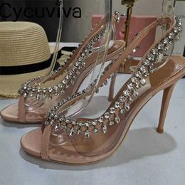 Dress New Open Toe Clear PVC Crystal Heel Sandals Women Rhinestone Tassel Thin High Summer Sexy Runway Party Wedding ShoesL230301