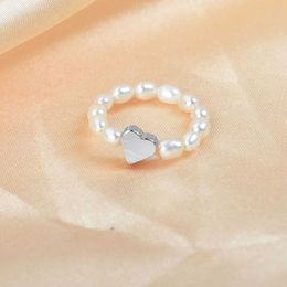 Cluster Rings Korean Silver Color Bead Heart Rings For Women Handmade Freshwater Pearl Elastic Ring Adjustable Jewelry Wedding Party Gift G230228