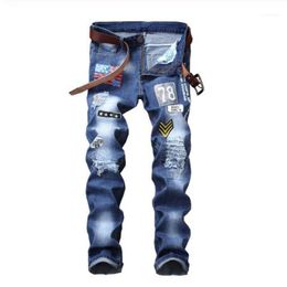 Men's Jeans Male American Flag Patches Design Blue Denim Holes Ripped Distressed Slim Straight Pants Trousers1