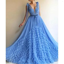 Party Dresses Sky Blue Elegant Long Prom V-Neck Appliques Tiered Pleated Tulle A-Line Women Evening Gowns Plus Size Custom Made