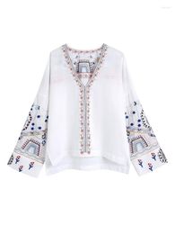 Women's Blouses Women 2023 Autumn Fashion Loose Embroidered Blouse Vintage V Neck Long Sleeve Pullovers Female Shirts Chic Tops