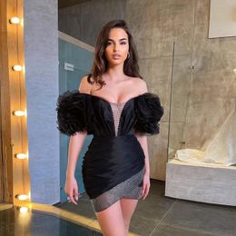 Party Dresses Black Sexy Elegant Prom Off The Shoulder Handmade Pleated Flower Women Short Cocktail Night Gowns Plus Size Custom