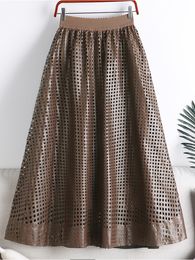 Skirts TIGENA Women Leather Skirt Autumn Winter Fashionable Hollow Out Solid Brown Green A Line High Waist Midi Long Skirt Female 230301