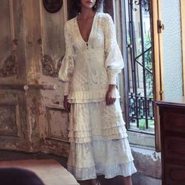 Casual Dresses 2023 Autumn Sexy V-neck Embroidery Long-sleeved High Waist Cascading Ruffles Cake Long Dress Women