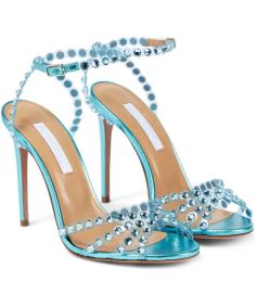 2024 Famous Design Summer Tequila Leather Sandals Shoes Women Strappy Design Crystal-embellished Sexy Lady High Heel Dress Bridal Wedding EU35-43
