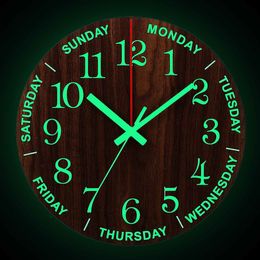 Wall Clocks 12 Inch Luminous Wall Clock Wood Silent light in dark night Nordic Fashion Wall Clock Non Ticking Clock With Night Light 230301