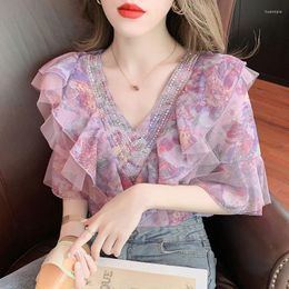 Women's Blouses Woman Chiffon Short Sleeve T-Shirt Female Print Urban Loose Casual Tops Summer Ladies V-neck Women's Clothing G80